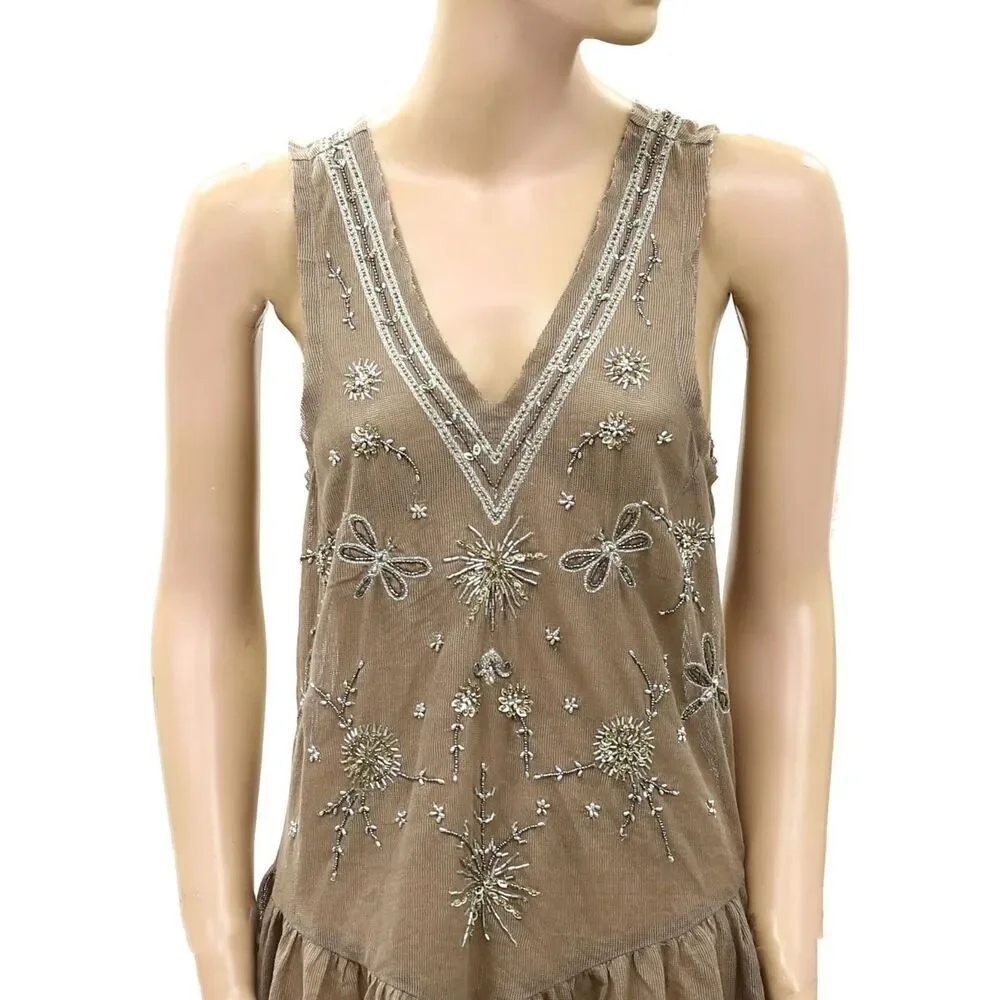 Free People Intimately Nightcap Embellished Slip Mini Dress Sheer BrownXS 290071
